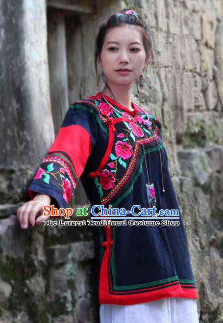 Chinese Yunnan Ethnic Costume Embroidered National Navy Flax Jacket Tang Suit Upper Outer Garment