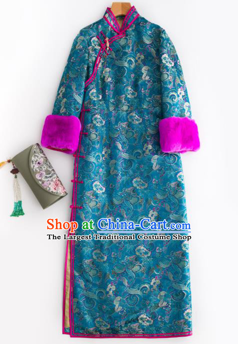 China Traditional Classical Winter Cheongsam Women Clothing Blue Brocade Qipao Dress