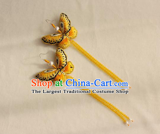 China Classical Yellow Beads Tassel Ear Accessories Women Jewelry Handmade Traditional Embroidered Butterfly Earrings