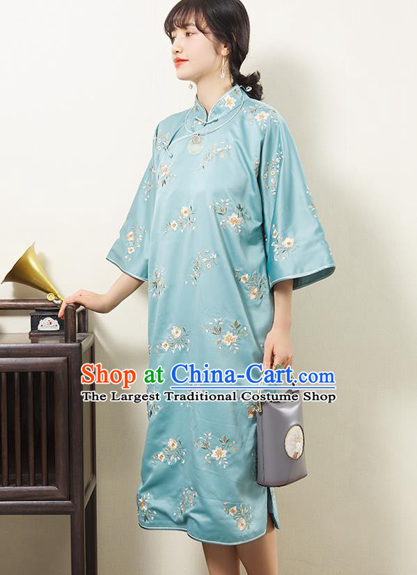 China Embroidered Light Blue Silk Qipao Dress Classical Cheongsam Traditional Women Clothing