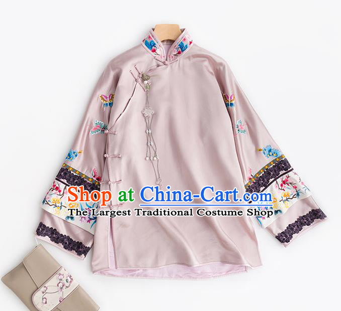 Chinese Classical Pink Silk Blouse Tang Suit Upper Outer Garment Embroidered Shirt Traditional Costume