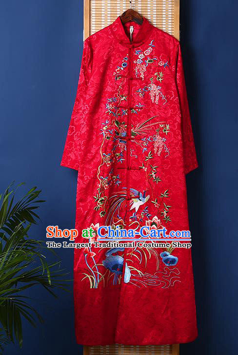 Chinese Embroidered Red Brocade Dust Coat Traditional National Costume Tang Suit Outer Garment