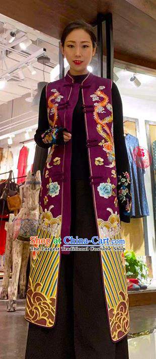 Chinese Embroidered Phoenix Peony Purple Brocade Long Vest National Tang Suit Cheongsam Upper Outer Garment