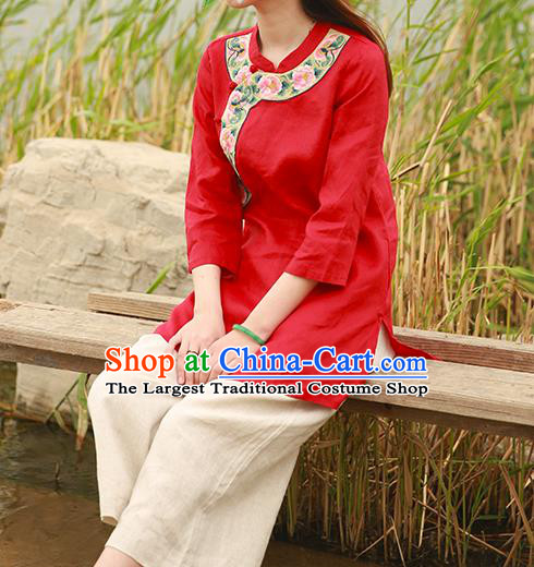 Chinese Tang Suit Embroidered Red Shirt National Upper Outer Garment Flax Costume