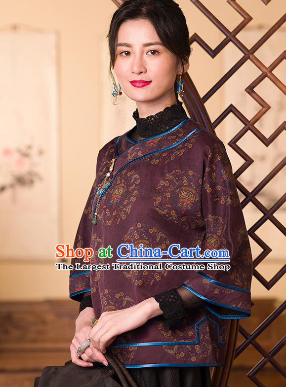 Chinese Tang Suit Upper Outer Garment Traditional Purple Silk Shirt Classical Blouse Costume