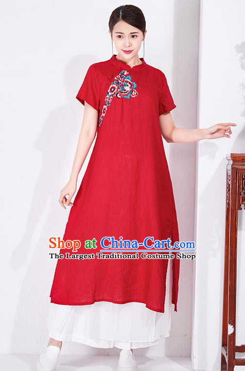 China National Qipao Clothing Traditional Women Dress Classical Embroidered Red Flax Cheongsam