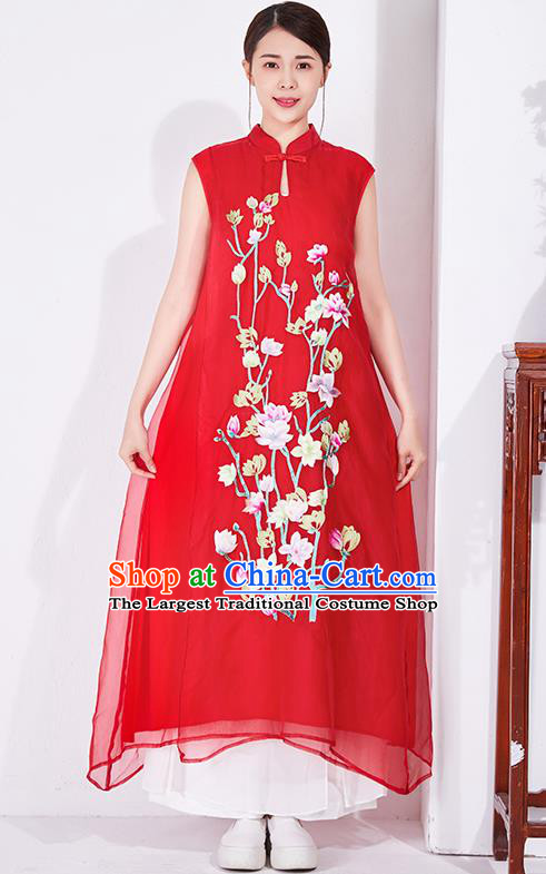 China Classical Embroidered Red Chiffon Cheongsam National Qipao Clothing Traditional Women Dress