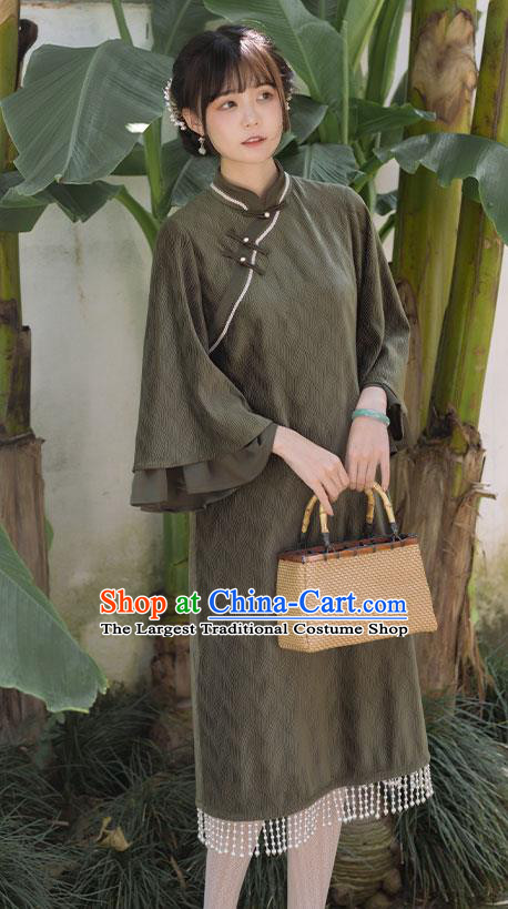 China Traditional National Wide Sleeve Cheongsam Tang Suit Olive Green Qipao Clothing Women Classical Dress