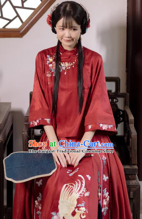 Chinese Tang Suit Wedding Costumes Traditional Xiuhe Suit Bride Red Blouse and Skirt Full Set