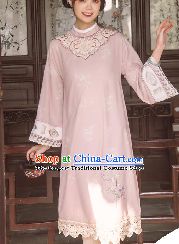 China Embroidered Pink Qipao Women Classical Dress Traditional Tang Suit Clothing National Wide Sleeve Cheongsam