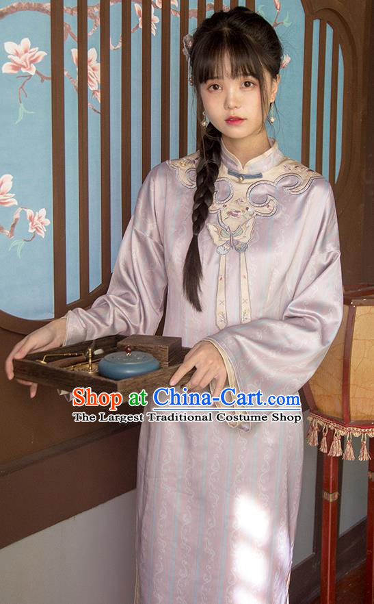 China Lilac Qipao Women Classical Dress Traditional Tang Suit National Wide Sleeve Cheongsam Clothing