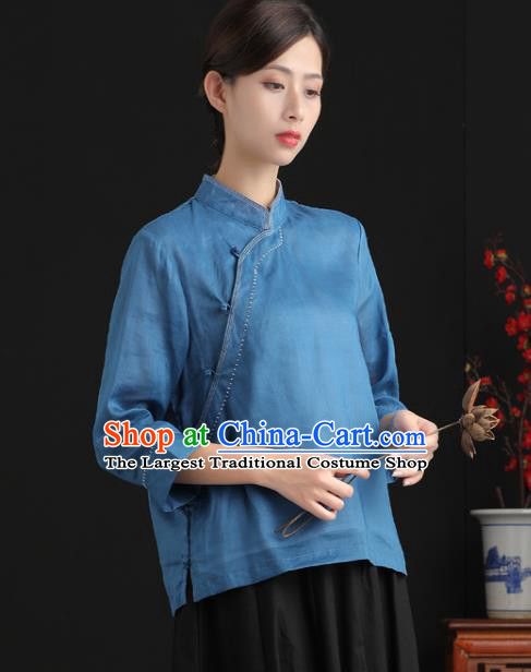 Chinese Tang Suit Upper Outer Garment Women Costume Ramine Blouse National Blue Shirt