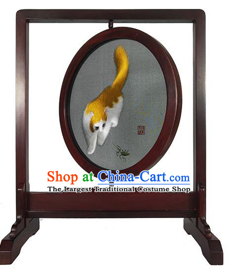 Chinese Handmade Table Decoration Traditional Embroidered Craft Suzhou Embroidery Yellow Cat Rotating Screen