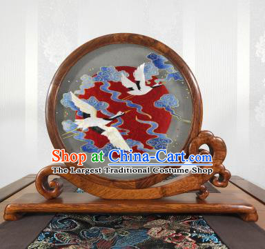 Chinese Embroidered Cloud Crane Painting Decoration Handmade Palisander Table Screen Suzhou Embroidery Craft