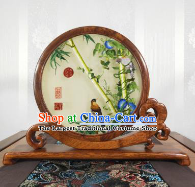 Top Grade Suzhou Embroidery Craft Handmade Palisander Table Screen Chinese Embroidered Bamboo Painting Decoration