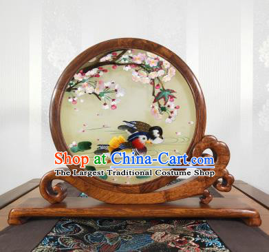 China Palisander Table Screen Handmade Suzhou Embroidery Craft Chinese Embroidered Mandarin Duck Decoration