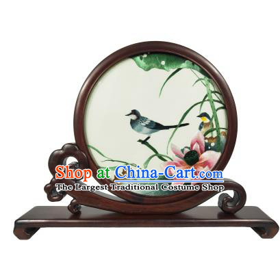 Chinese Rosewood Table Decoration Handmade Double Side Suzhou Embroidery Screen Traditional Embroidered Lotus Bird Screen Craft