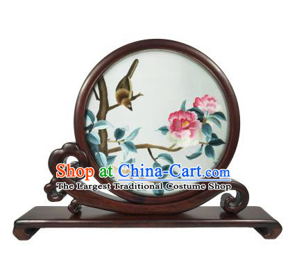 Chinese Traditional Embroidered Peony Bird Screen Craft Rosewood Table Decoration Handmade Double Side Suzhou Embroidery Screen