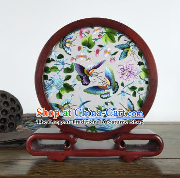 China Classical Butterfly Painting Table Screen Traditional Wood Carving Craft Handmade Rosewood Embroidered Home Decoration