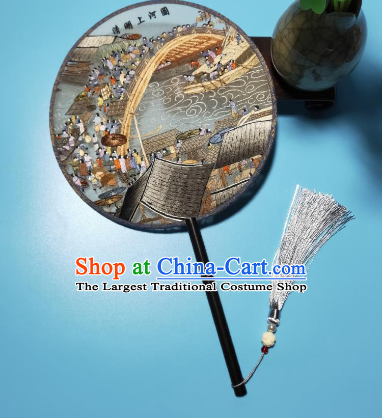 Handmade Embroidered Riverside Scene at Qingming Festival Palace Fan Traditional Hanfu Round Fan China Suzhou Embroidery Silk Fan