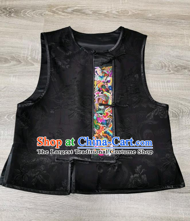 Top Grade Embroidered Waistcoat China Black Silk Vest Traditional Tang Suit Upper Outer Garment