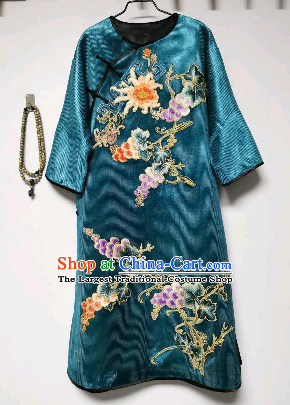 Chinese Embroidered Cheongsam Traditional Blue Corduroy Qipao Dress