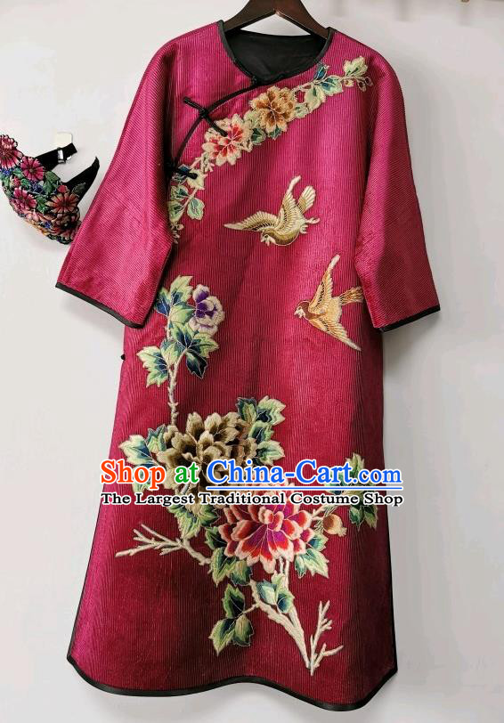 Chinese Embroidered Cheongsam Traditional Wine Red Corduroy Qipao Dress National Clothing