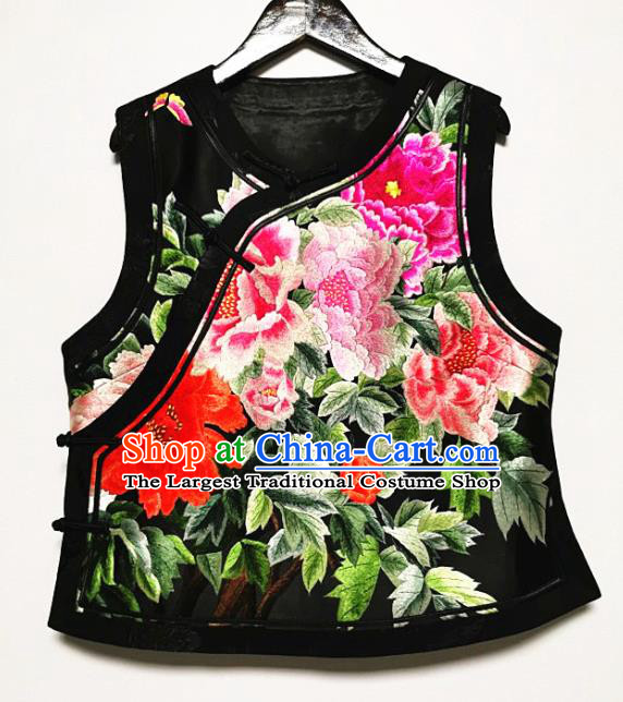 Top Grade Embroidered Peony Waistcoat China Traditional Tang Suit Upper Outer Garment Black Vest