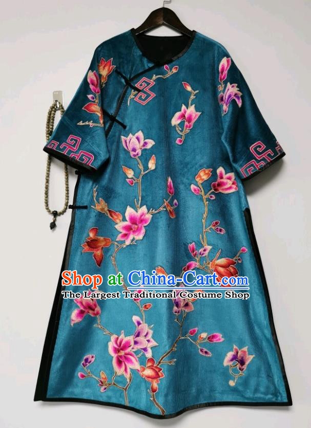 Chinese Embroidered Cheongsam Traditional Embroidery Mangnolia Blue Corduroy Qipao Dress National Clothing