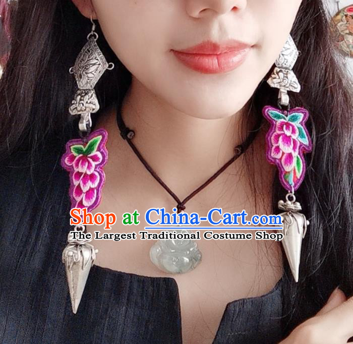 Traditional China Ethnic Embroidered Grape Earrings Handmade Ear Accessories Silver Carving Jewelry for Women