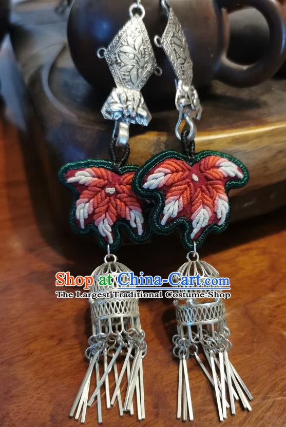 Traditional China Ethnic Embroidered Maple Leaf Earrings Handmade Ear Accessories Silver Birdcage Jewelry for Women