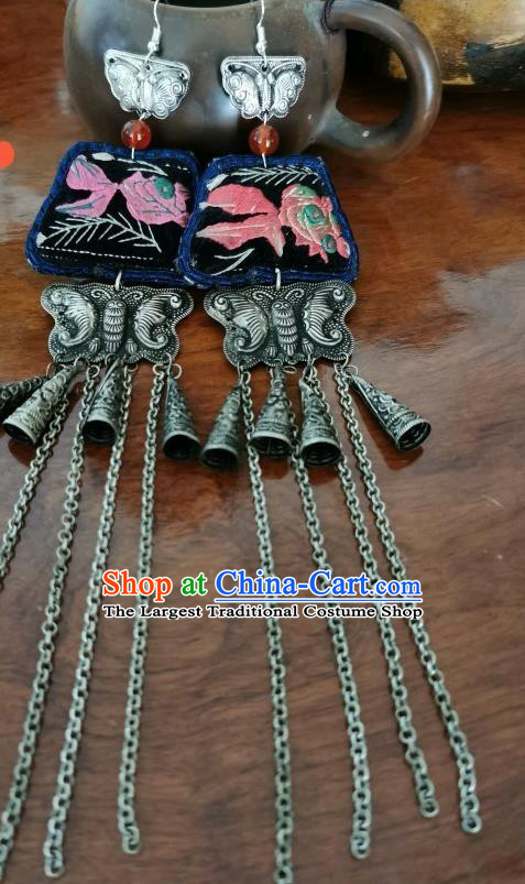 Handmade China Ethnic Embroidered Goldfish Earrings Silver Carving Butterfly Eardrop Traditional Accessories for Women