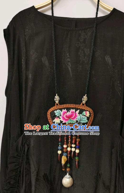 Traditional China Ethnic Black Embroidered Necklet Accessories Beads Tassel Necklace Handmade Rattan Jewelry for Women