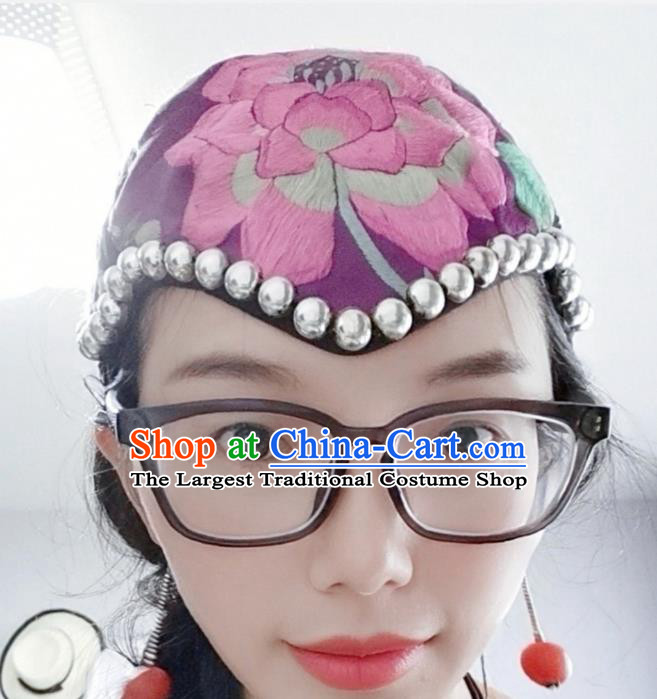 Traditional China Ethnic Embroidered Hat Handmade Hair Accessories Purple Silver Hair Clasp for Women