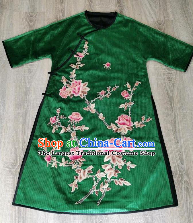 Chinese National Clothing Embroidered Rose Cheongsam Traditional Embroidery Deep Green Corduroy Qipao Dress