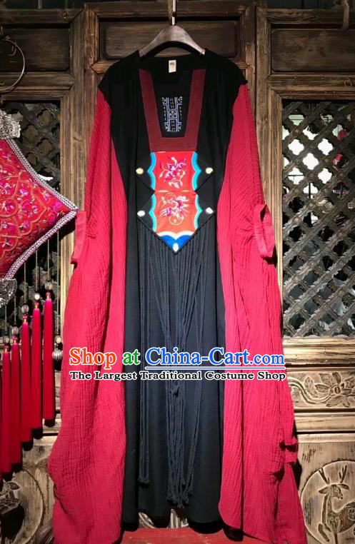 Chinese National Clothing Traditional Minority Women Embroidery Red Robe Costume Embroidered Dress