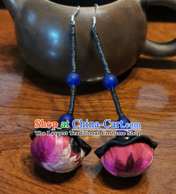 Traditional China Miao Ethnic Rosy Silk Ear Accessories Handmade Embroidered Earrings for Women