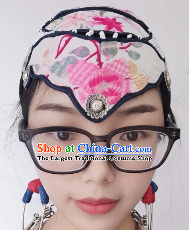 Handmade China Embroidered White Cloth Hat Traditional National Headwear Hair Accessories Miao Ethnic Women Cap