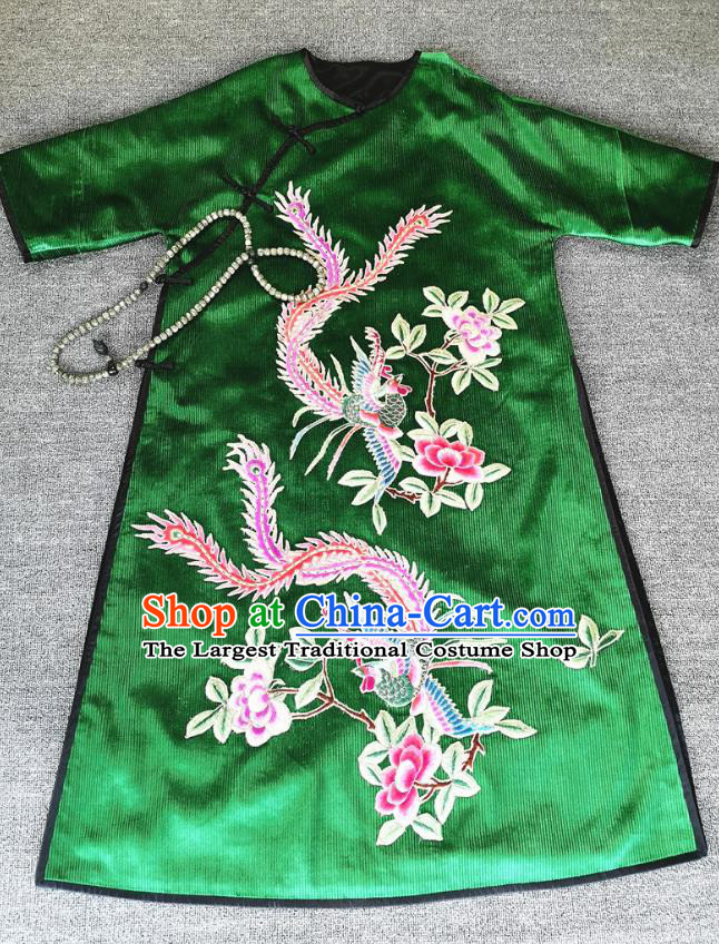 Chinese Traditional Women National Clothing Embroidered Green Corduroy Qipao Dress Embroidery Phoenix Peony Cheongsam