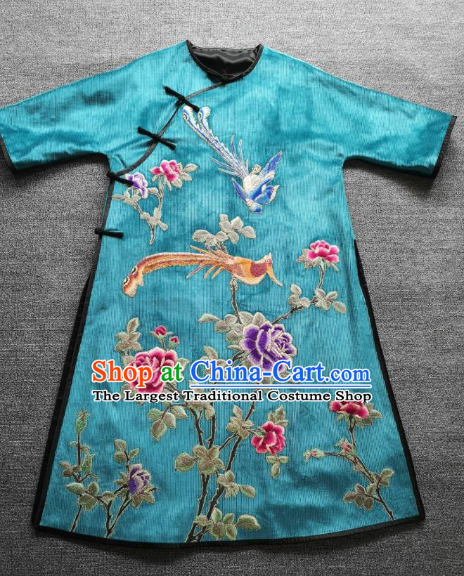 Chinese Embroidered Blue Corduroy Qipao Dress Traditional Women Clothing National Cheongsam