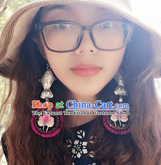 China Handmade Miao Ethnic Embroidered Earrings Traditional National Silver Fish Ear Accessories