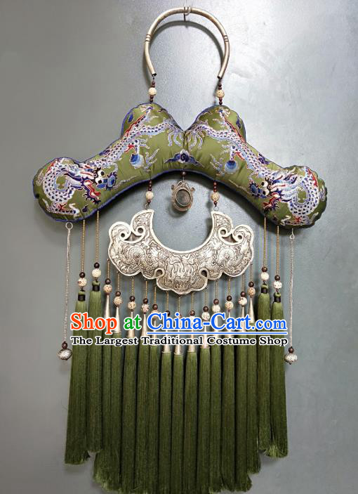 China Traditional Miao Ethnic Embroidered Pendant Accessories Handmade Silver Carving Dragons Jewelry National Green Tassel Necklet