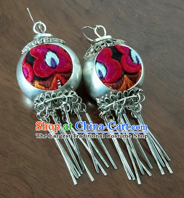 Handmade China National Silver Earrings Traditional Ethnic Women Jewelry Embroidered Ear Accessories