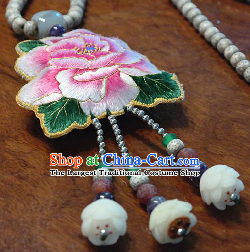 China Traditional Handmade Ethnic Women Jewelry Accessories National Tassel Necklet Miao Nationality Embroidered Peony Necklace