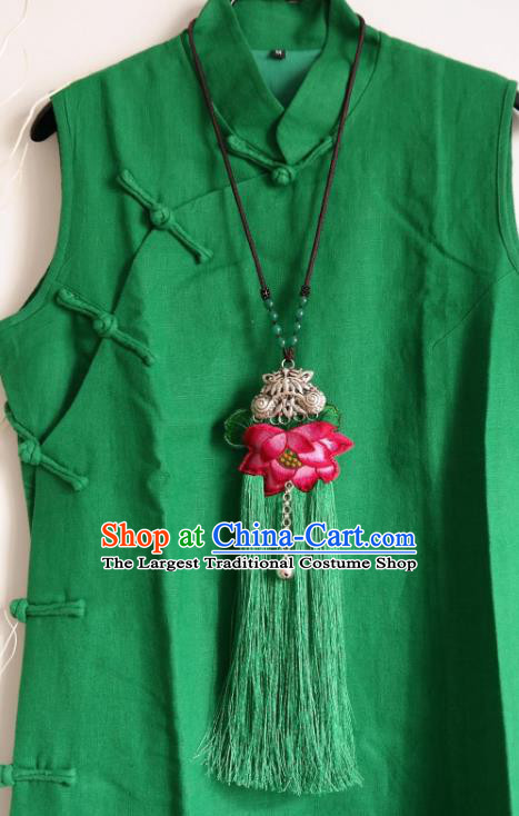 Handmade China Ethnic Accessories Embroidered Lotus Necklace National Green Tassel Longevity Lock