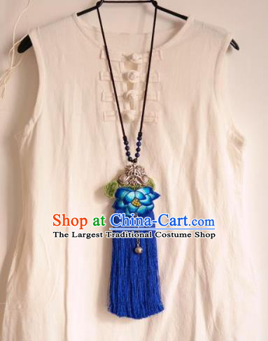 Handmade China Ethnic Royalblue Tassel Accessories Embroidered Lotus Necklace National Silver Butterfly Longevity Lock