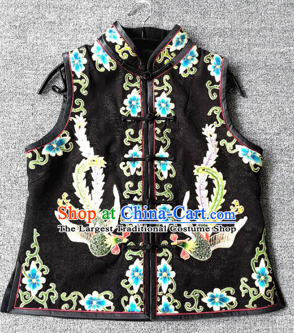 China National Black Silk Vest Women Embroidered Waistcoat Traditional Tang Suit Upper Outer Garment