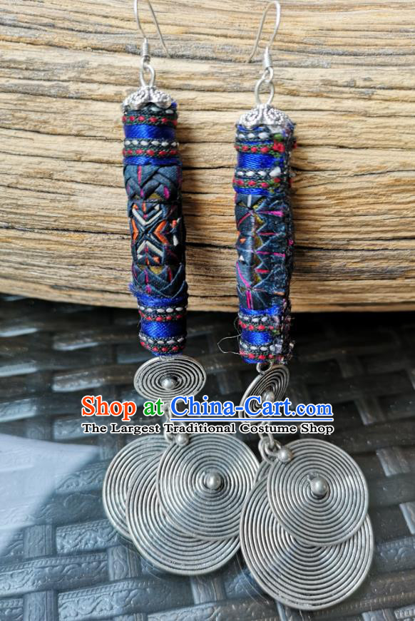 China National Embroidered Deep Blue Earrings Women Jewelry Miao Ethnic Silver Ear Accessories