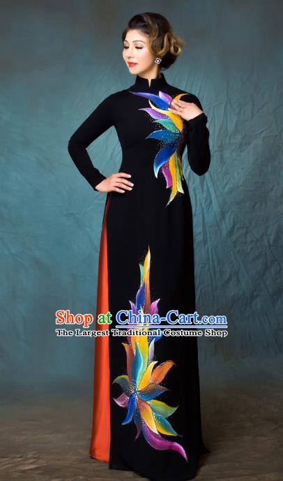 Asian Vietnam Classical Fireworks Pattern Ao Dai Qipao Traditional Vietnamese Costumes Black Cheongsam Dress and Loose Pants for Women