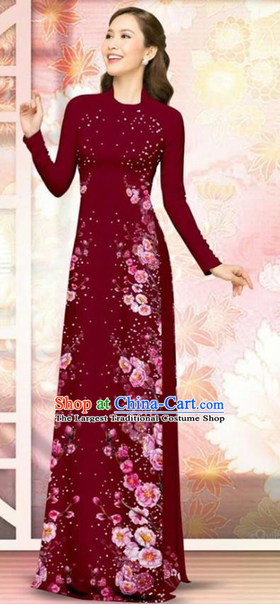 Asian Vietnam Dark Red Cheongsam Dress and Pants Traditional Vietnamese Costumes Classical Plum Blossom Pattern Ao Dai Qipao for Women